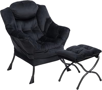 HollyHOME Armchair With Footstool Velvet Black Steel Frame 500lbs