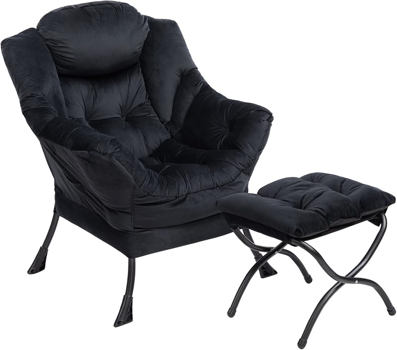 HollyHOME Armchair With Footstool Velvet Black Steel Frame 500lbs