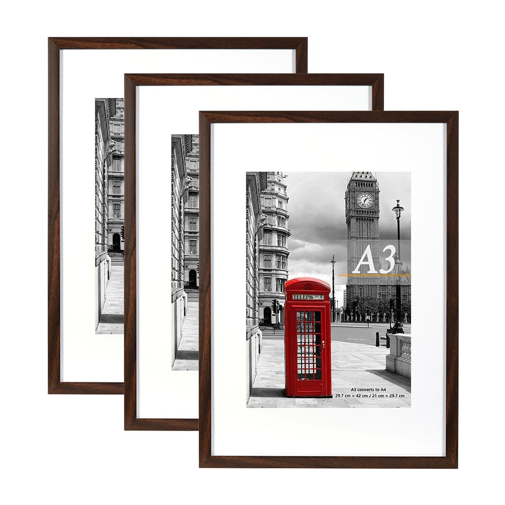 Scholar Tree Brown Photo Frame Picture Frames, A3 with Mat for A4 Mount Picture, Set of 3, Wall Mountable