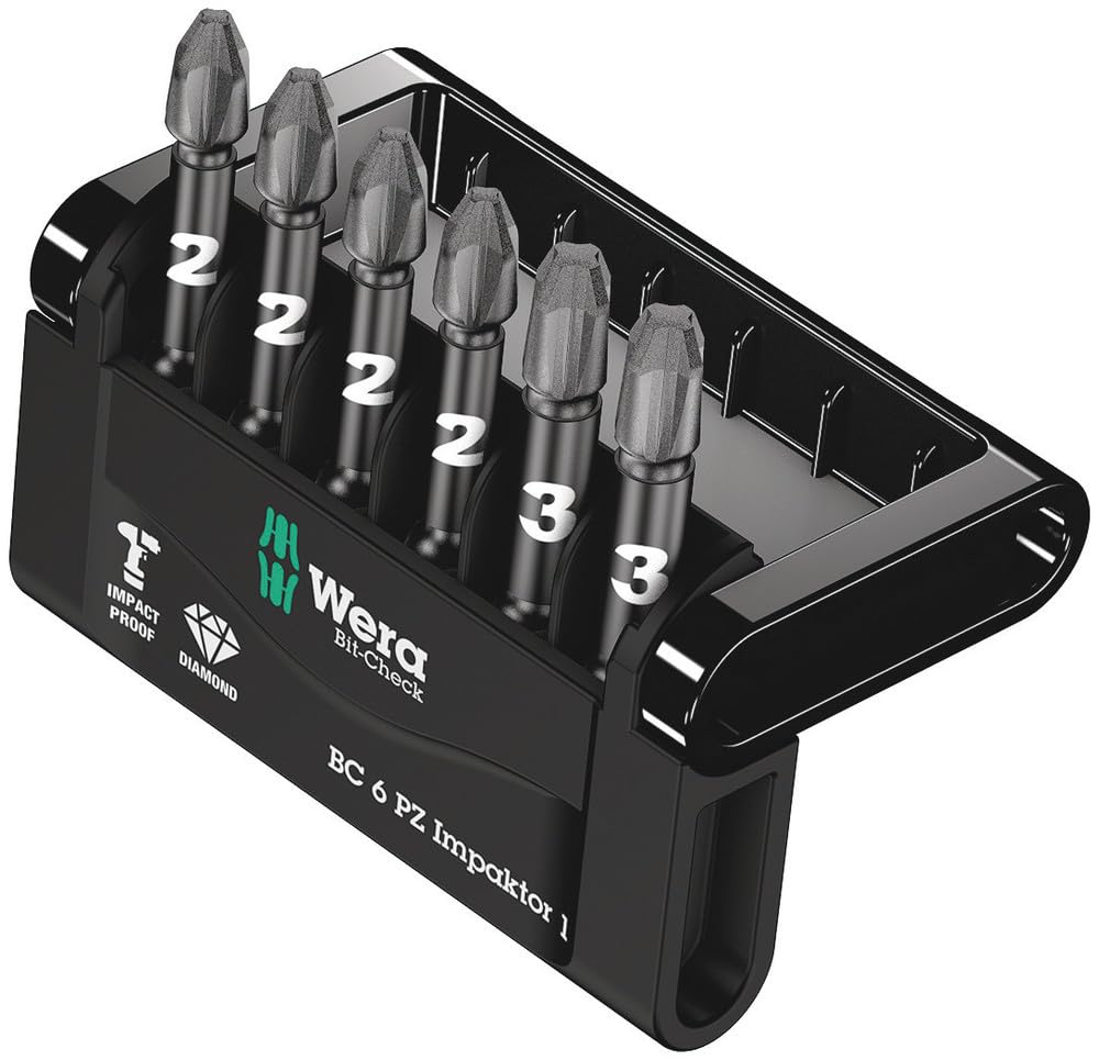 Wera Bit-Check 6 PZ Impaktor 1 Diamond Coated TriTorsion Long Service Life Pozidriv Bit Set, 6pc, 05057692001