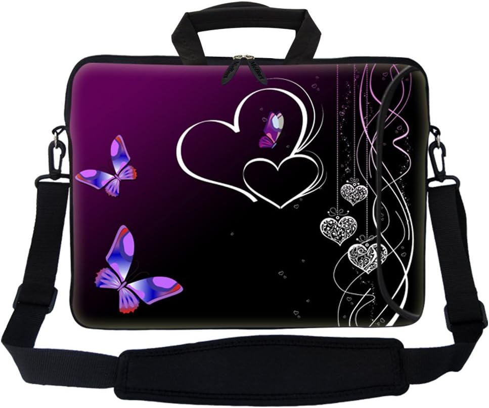 Meffort Inc 17 17.3 inch Neoprene Laptop Bag Sleeve with Extra Side Pocket, Soft Carrying Handle & Removable Shoulder Strap for 16" to 17.3" Size Notebook Computer - Butterfly Heart