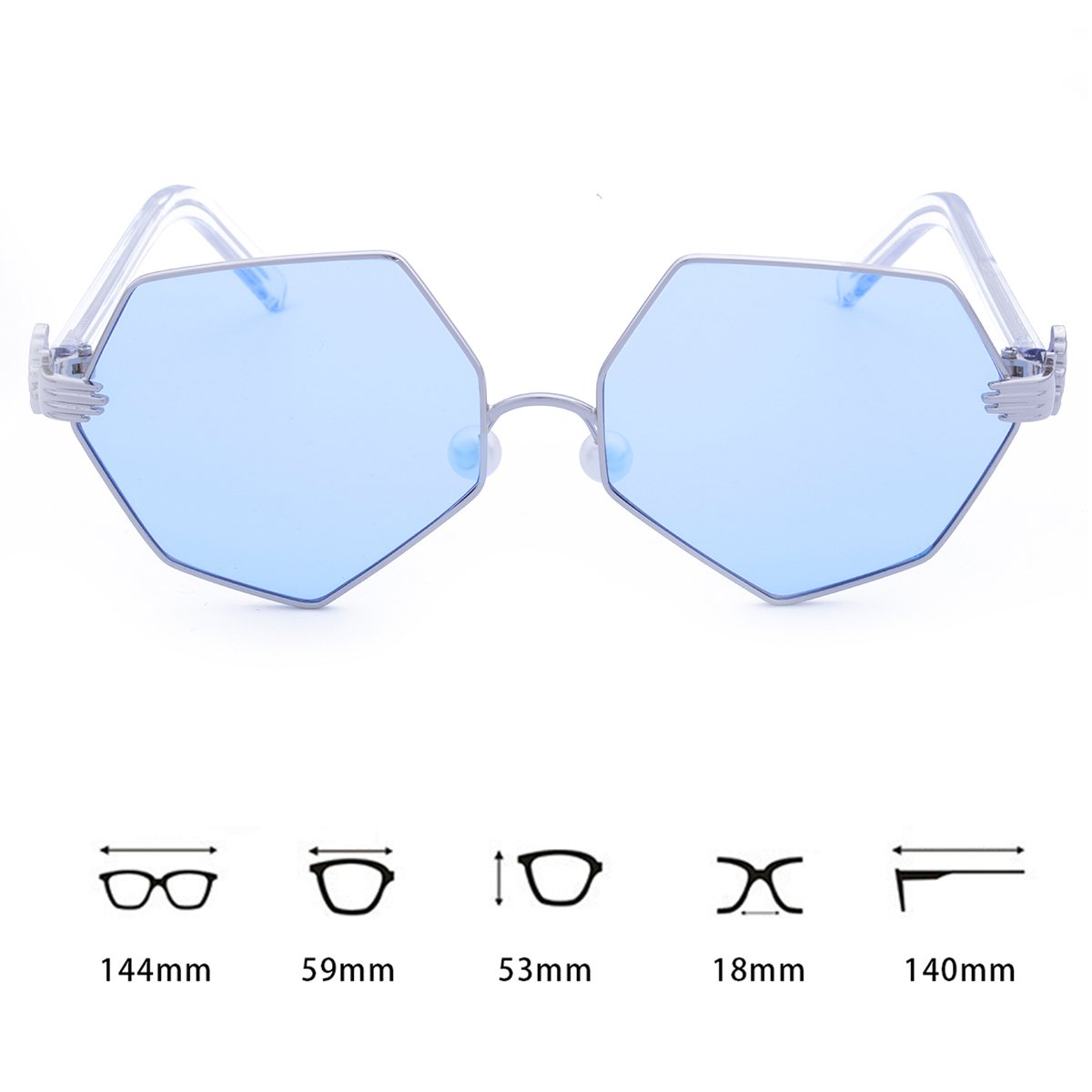 WISH CLUB Women Polygon Sunglasses Flat Clear Transparent Lens Fashion Metal Frame UV 400 Fashion Trendy Glasses (Blue)