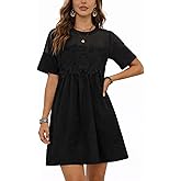HOWALOOK Womens Babydoll Short Sleeve Mini Dress Trend Lace Detail Crew Neck Sheer Mesh Swing Shift Dress