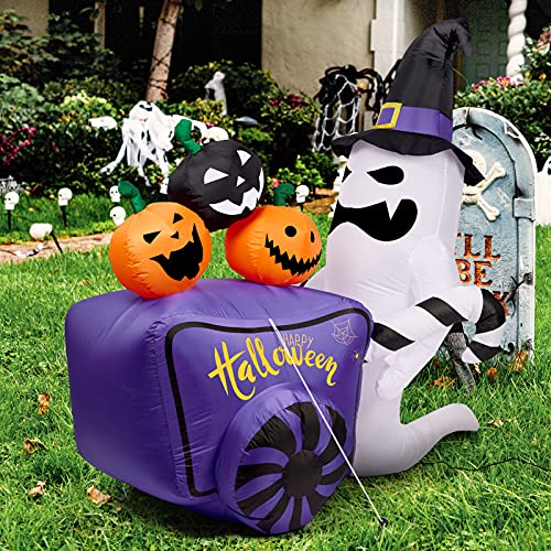 WBHome 6 Ft Blow Up Halloween Inflatable White Ghost with Pumpkin Cart