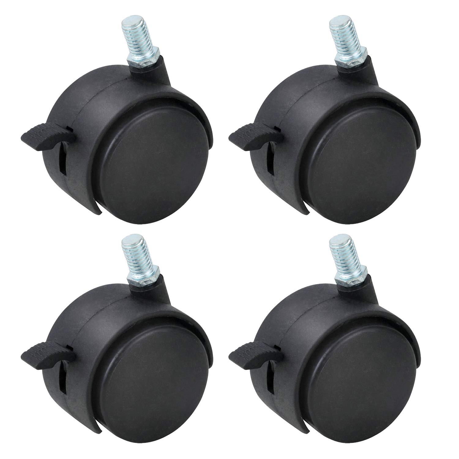GOZOLA 4 Pack 50mm/2 Inch Nylon Plastic Replacement Caster Swivel Furniture Wheels Floor Protecting Office Chair Swivel Caster Threaded Stem 5/16" 3/5" with Brake Black