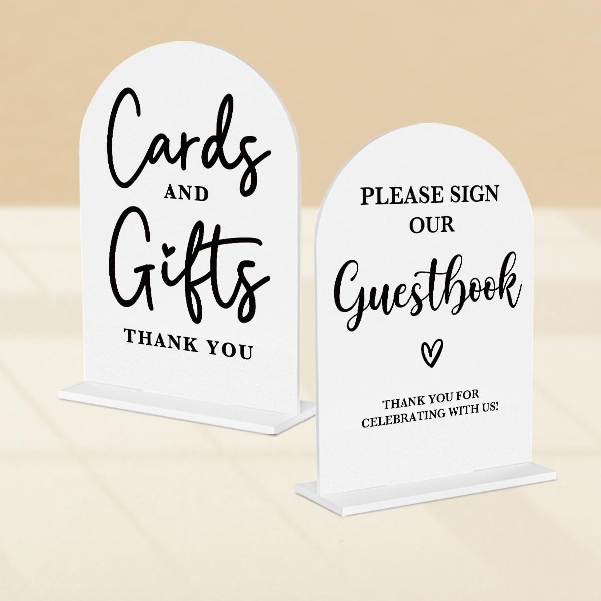 Photo 1 of 2 Pcs Acrylic Wedding Signs for Ceremony and Reception, Bridal Shower Decorations, Cards and Gifts Signs, Guest Book Sign, Arch Acrylic Table Top Sign with Holder for Wedding Reception (White)