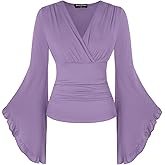Scarlet Darkness Renaissance Shirt Women V Neck Long Bell Sleeve Wrap Casual Ruched Top