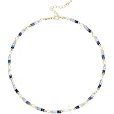 Blue Aventurine Aquamarine Necklace Natural Gemstone Boho Beaded Necklaces for Women Mother of Pearl Cross Faith Gift Shell Cross Handmade Summer Beach Choker Jewelry