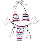 GORGLITTER Women's Beaded String Bikini Sets Two Piece Striped High Cut Thong Cheeky Swimsuits Resort Wear