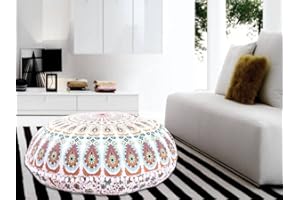 MY DREAM CARTS 32" Floor Pillow "Cover Only" Brown White Mandala Cushion Cover Pouf Seating Throw Meditation Pillows Case Hippie Decor Boho Round Multi Colorful Home Dorms Living Room Bedroom Decoration Flower Print