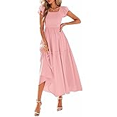 KIRUNDO Smocked Summer Dresses for Women 2026 Wedding Guest Midi Flowy Ruffle Short Sleeve Square Neck Tiered Sundress