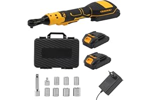 LASIEYO Cordless Electric Ratchet Wrench, 21V Cordless Ratchet Wrench 3/8 Set with 2.0Ah Lithium-ion Batteries Sockets 1/4 inch Adapter 3 inch Extension Bar, Cordless Ratchet with LED Light