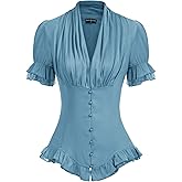 Scarlet Darkness Womens Work Tops Elegant Renaissance Pirate Shirt Short Sleeve Victorian Peasant Blouses