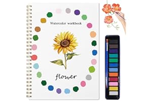OCPBGMS Watercolor Workbook, Water Coloring Book, 12 Different Patterns of Original DIY Designs, 12 Colors Watercolor Paint Set with Palette and Brush, Beginner-Friendly Watercolor Workbooks（Flower）