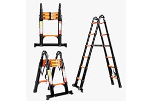 BOWEITI 12.5FT A Frame Telescoping Ladder, Aluminum Extension Ladder for 330lbs Capacity, Lightweight Telescopic Ladder w/Detachable Wheels & Non-Slip Feet for RV, Household, Outdoor(12.5FT,Orange)