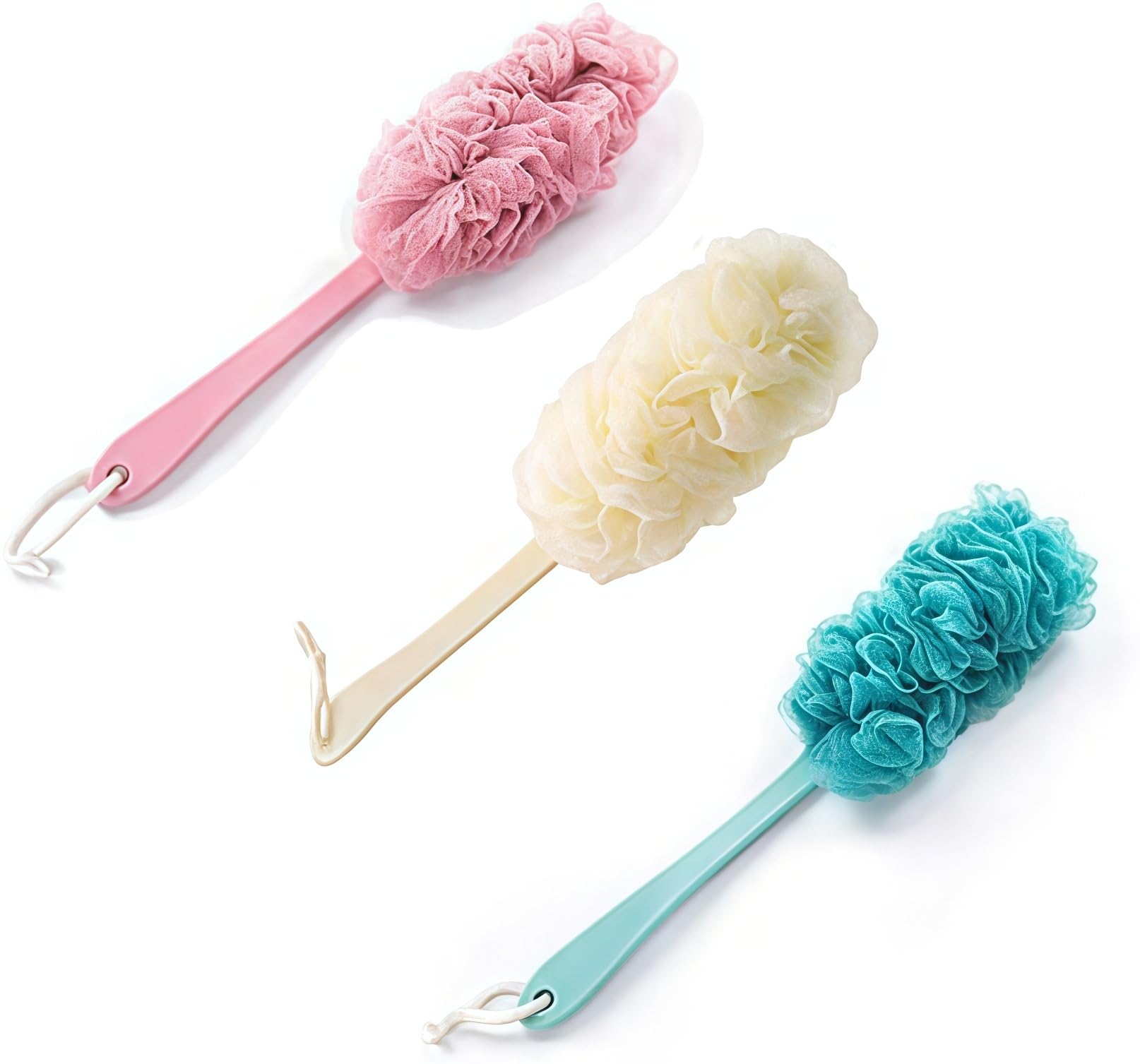3 Pieces Bath Brush with Sponge and Long Handle Plastic Scrubber Back Mesh Bath Sponge Brush for Bathroom Accessories for Men and Women (Pink, White, Blue)