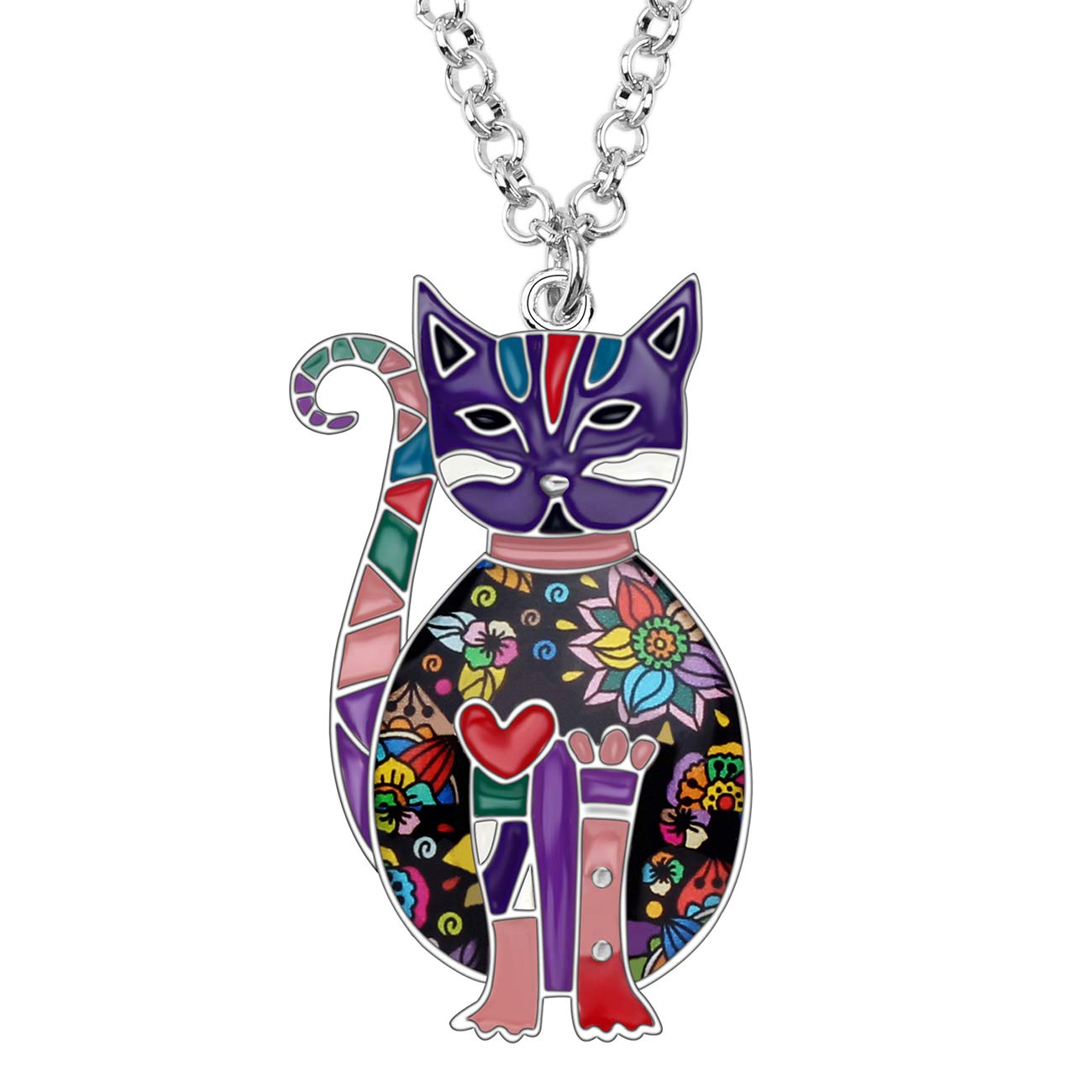 NEWEI Enamel Sitting Kitten Cat Necklace Pendant Floral Cat Jewelry Gifts for Women Girls (Purple)