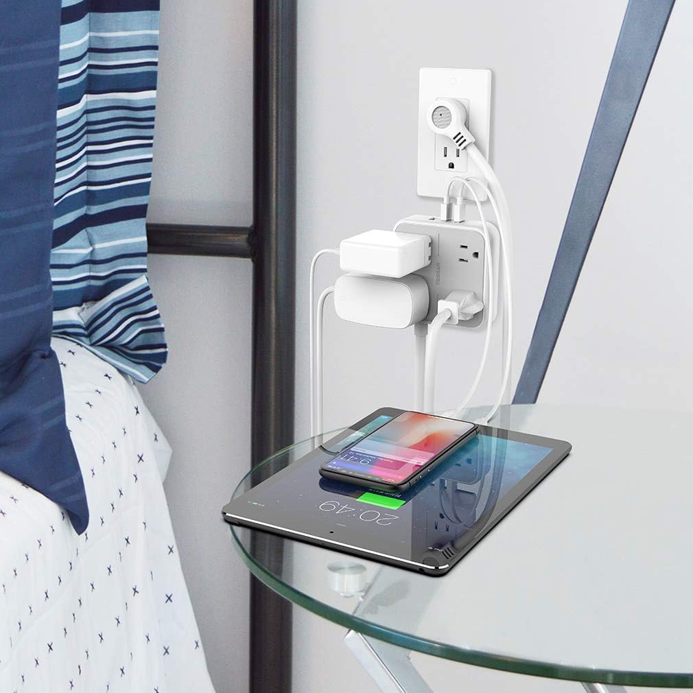 Power Strip with USB, TESSAN Mountable Flat Plug Extension Cord with 4 Widely Spaced Outlets, 3 USB Charger, 5 FT Power Cord, Compact Size Charging Station for Home, Office, Dorm Essentials, Gray: Home Improvement