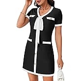 Rooscier Women's Short Sleeve Color Block Dress Button Bow Elegant Formal Work Mini Dress