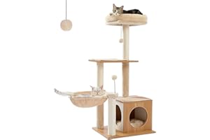 PEQULTI Cat Tree Modern Cat Tower for Indoor Cats,Multilevel Cat Play House with Large Condo, Spacious Hammock, Cozy Top Perch,Scratching Post and Dangling Balls