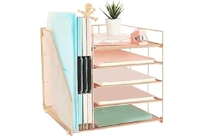 AUPSEN Desk Organizer with File Holder, 5 Trays Paper Letter Tray Organizer, Mesh Desk Organizers and Accessoriesand for Home Office (Rose Gold)