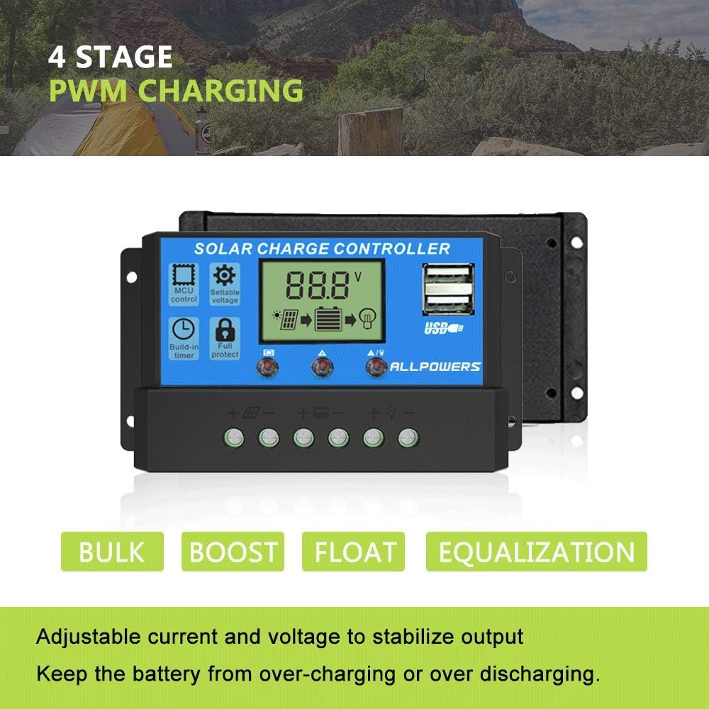ALLPOWERS 20A Solar Charger Controller Solar Panel Battery Intelligent Regulator with USB Port Display 12V/24V : Garden & Outdoor