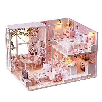 Decdeal DIY Miniature Loft Dollhouse Kit Realistic Mini 3D Pink Wooden House Room Toy with LED Lights Dust Cover