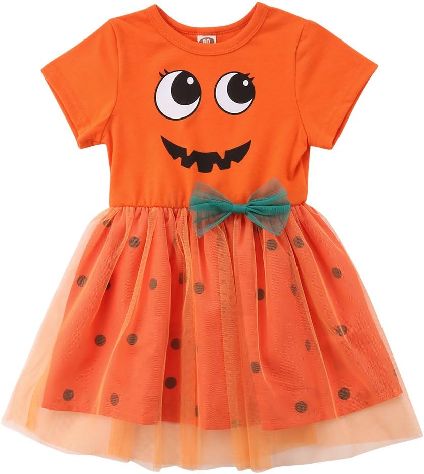 Loalirando Toddler Baby Girls Halloween Costume Short Sleeve Pumpkin Princess Dress Lace Polka Dot Tutu Skirt