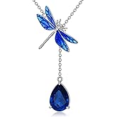 Zorlioy Diamond Dragonfly Necklace for Women 925 Sterling Silver Sapphire and Lab-Grown Diamond Enamel Blue Dragonfly Lariat Pendant Necklaces Christmas Birthday Gifts