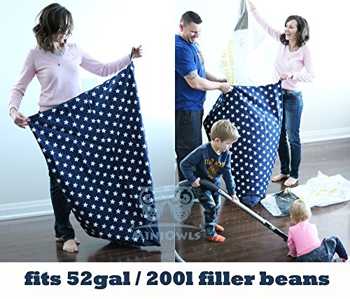 MiniOwls TOY STORAGE BEAN BAG - fits 200L/52 gal - Stuffed Animal Organizer in NAVY with white stars - Soft & Comfy Cover that Creates Cozy Lounger Bed – (Also comes in SMALL & GRAY)