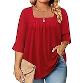 Siddhe Womens Plus Size Tops Loose Fit 3/4 Ruffle Sleeve Blouses Square Neck T Shirt Casual Tunic Tops(1X-5X)