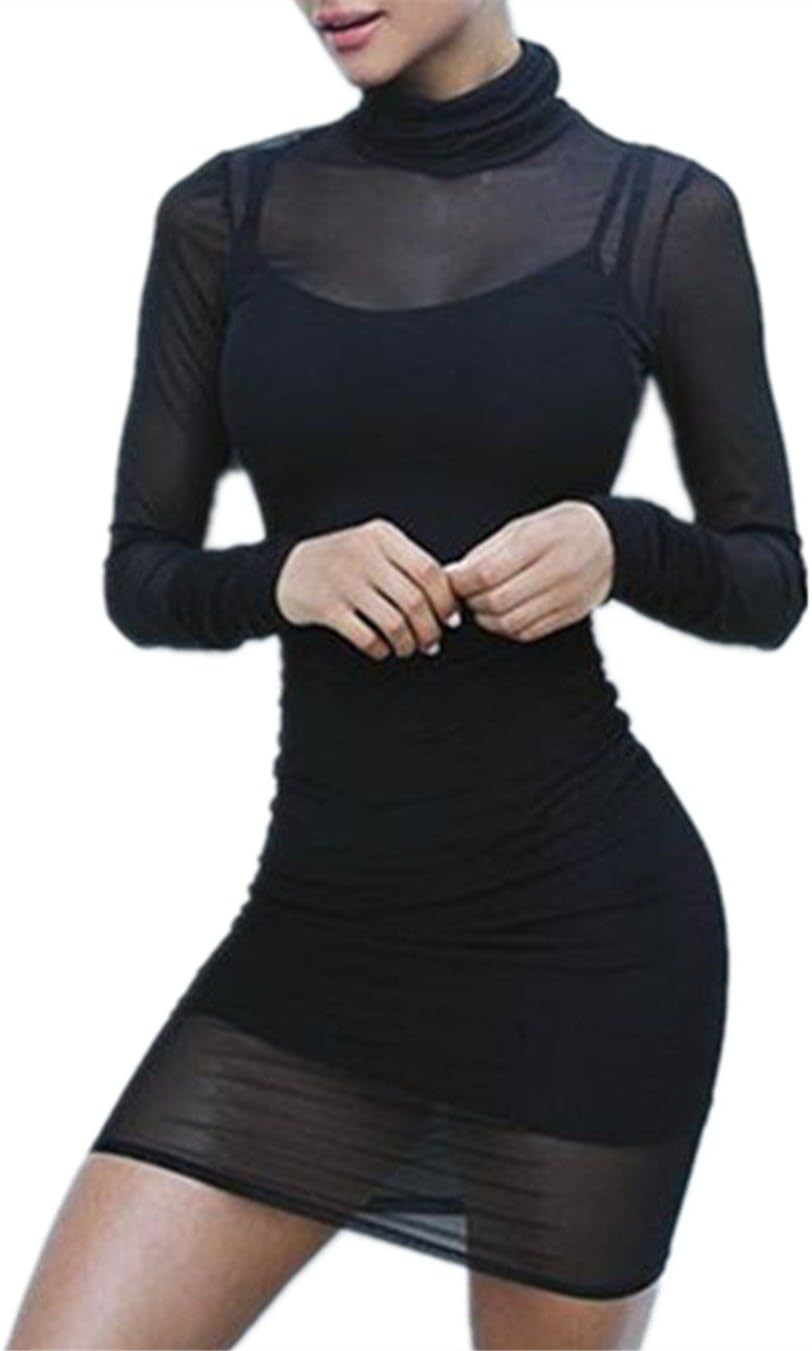 Hanlolo Women's Sexy Mesh See Through Long Sleeve Party Evening Clubwear Bodycon Dress 2 Piece