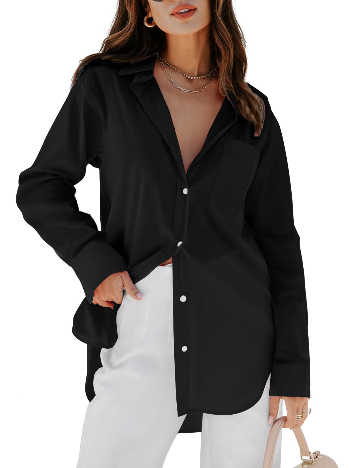 siliteelon Womens Button Down Shirts Dress Shirts Long Sleeve Blouses V ...
