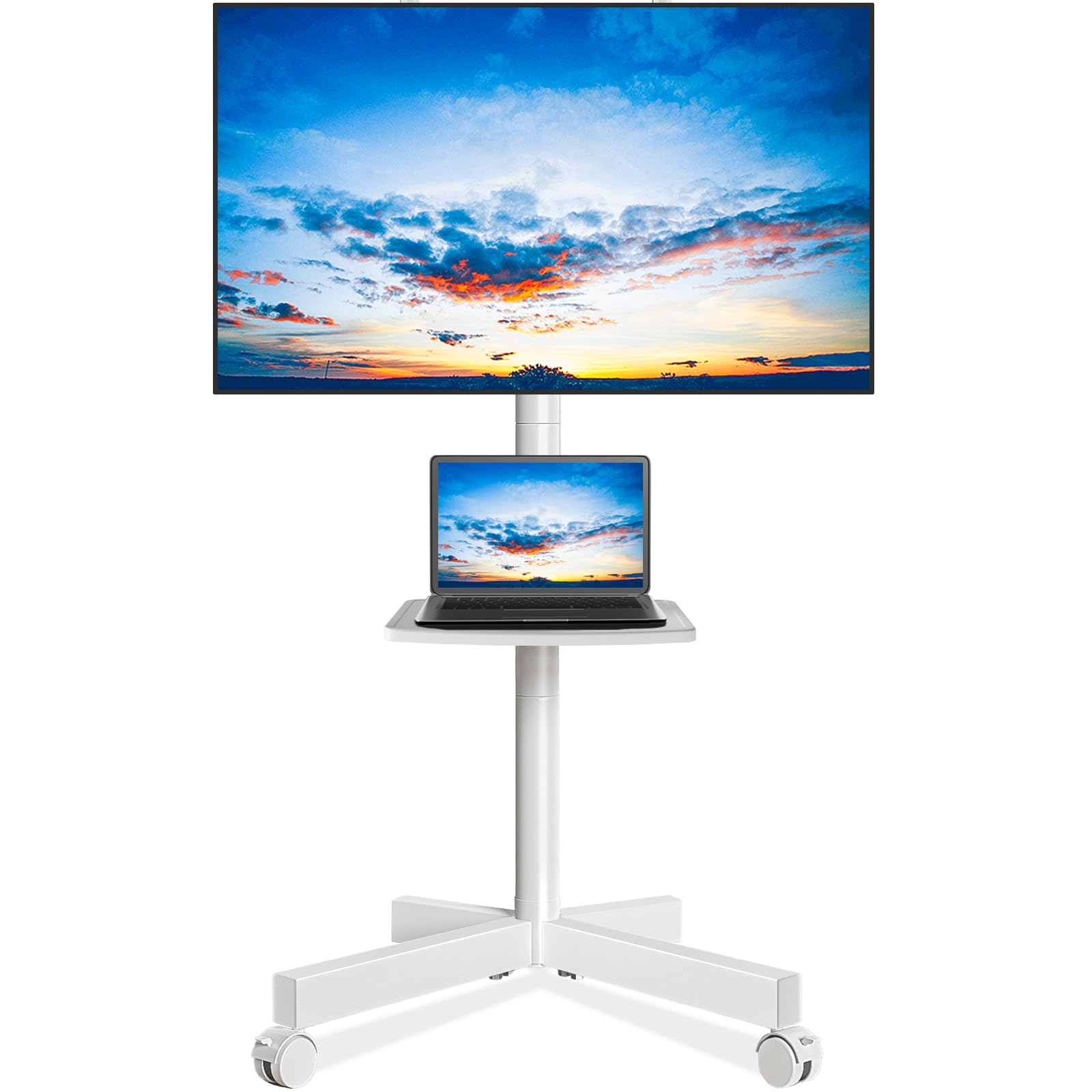 Photo 1 of Rfiver Mobile TV Stand for 23-60 Inch LCD LED Flat/Curved Panel Screen TVs up to 88 lbs, Rolling TV Stand with Adjustable Shelf & Tilt, Portable Floor Stand on Wheels for Bedroom, Living Room, White