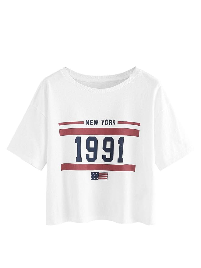 SheIn Women's Letter Print Casual Short Sleeve Tee T-Shirt White