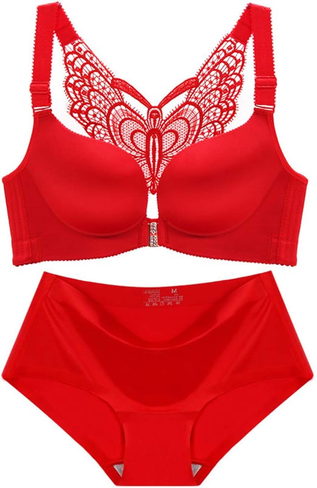 Women’s Sexy Plus Size Butterfly Front Closure Wirefree Push up Bra and Panties Set for B C D Cup