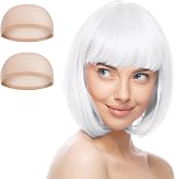 Aomig 3 Pack Short White Bob Wigs Set with 2 Wig Caps Neon Fancy Dress