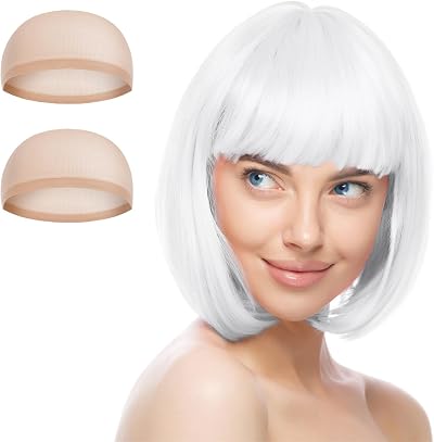 Aomig 3 Pack Short White Bob Wigs Set with 2 Wig Caps Neon Fancy Dress