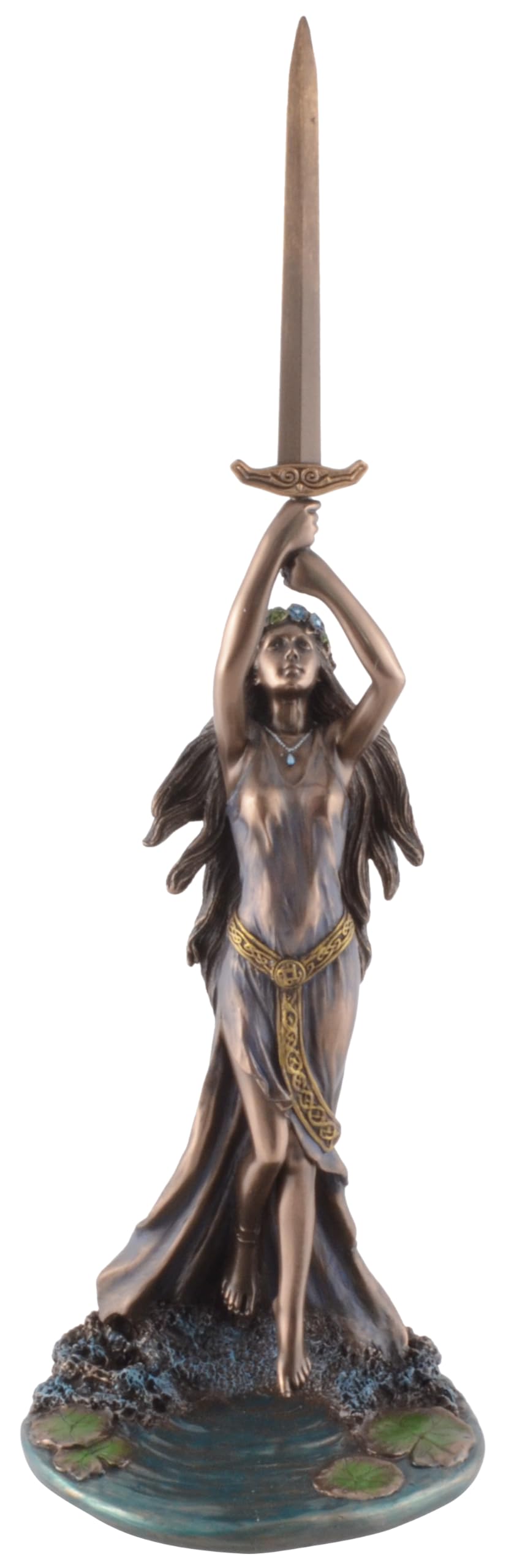 Celtic Lady of The Lake Raises Excalibur Upwards, Made of Artificial Stone, Bronzed and Coloured by Artists, Veronese