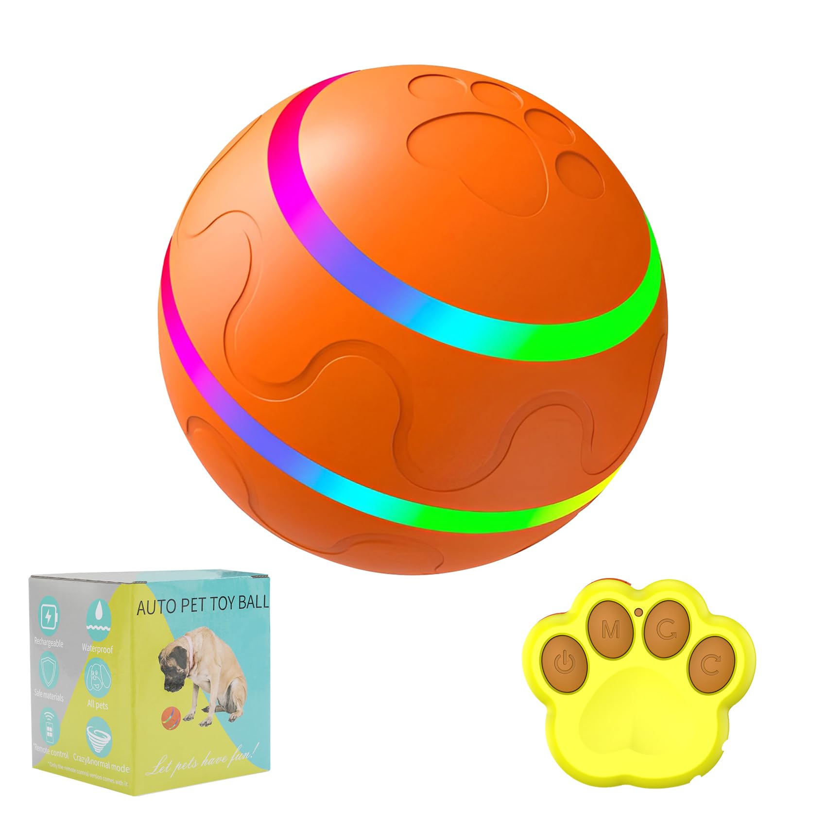 Smart Interactive Dog Toys Balls with Remote Control,Self Moving Dog Ball,Smart Ball for Dogs,Rotating Bouncing Dog Ball for Medium-Large Breeds,with LED Light,Rechargeable,IP54 Water-Proof(Orange)