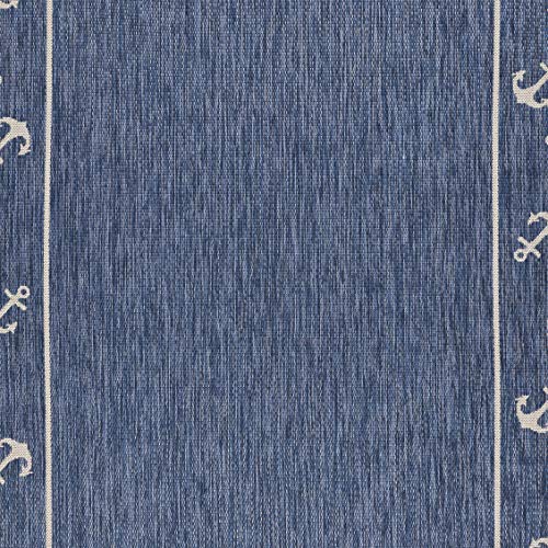 Lr Home Nautical Anchor Border Indoor Outdoor Rug, Blue/White, 5'3"" x 7'"