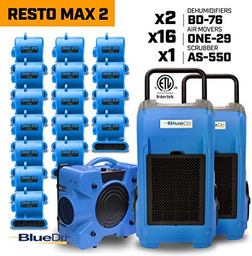 BlueDri Resto MAX 2 16X 1/3 HP One-29 Air Movers Carpet Dryer Blower Floor Fan 2X 76 Pint Commercial Industrial Dehumidifier 1x Air Scrubber Air Machine Water Damage Restoration Equipment, Blue