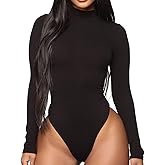 PALINDA Women's Turtleneck Long Sleeve Ribbed Knit Bodysuit Sexy Bodycon Stretchy Leotards