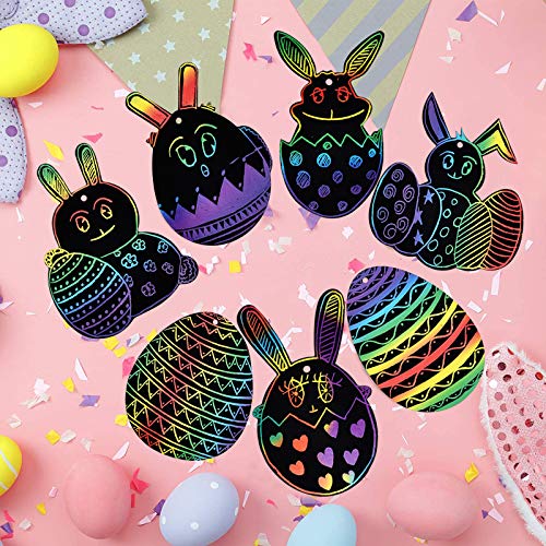 LEEFENGQI [48 Pack] - Easter Rainbow Scratch Card, Easter Eggs Carrots Bunny Scratch Art with 48 Ribbons and 24 Wooden Styluses for Easter Party Favor, Creative Easter Gifts for Kids