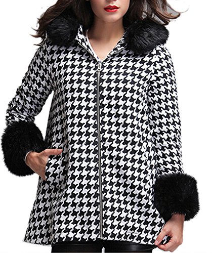 Youtobin Women's Winter New Long Sleeved Wool Collar Fur Coat XL Black Grids