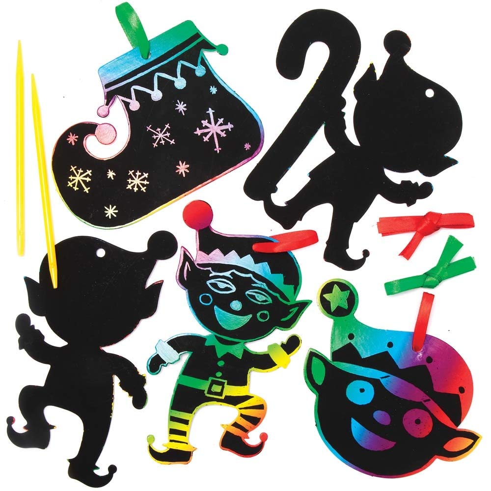 Baker Ross Christmas Elf Scratch Art Decorations Pack of 10 - Christmas Decoration Craft Kit for Kids, Festive Craft Activities for Children (AX395)