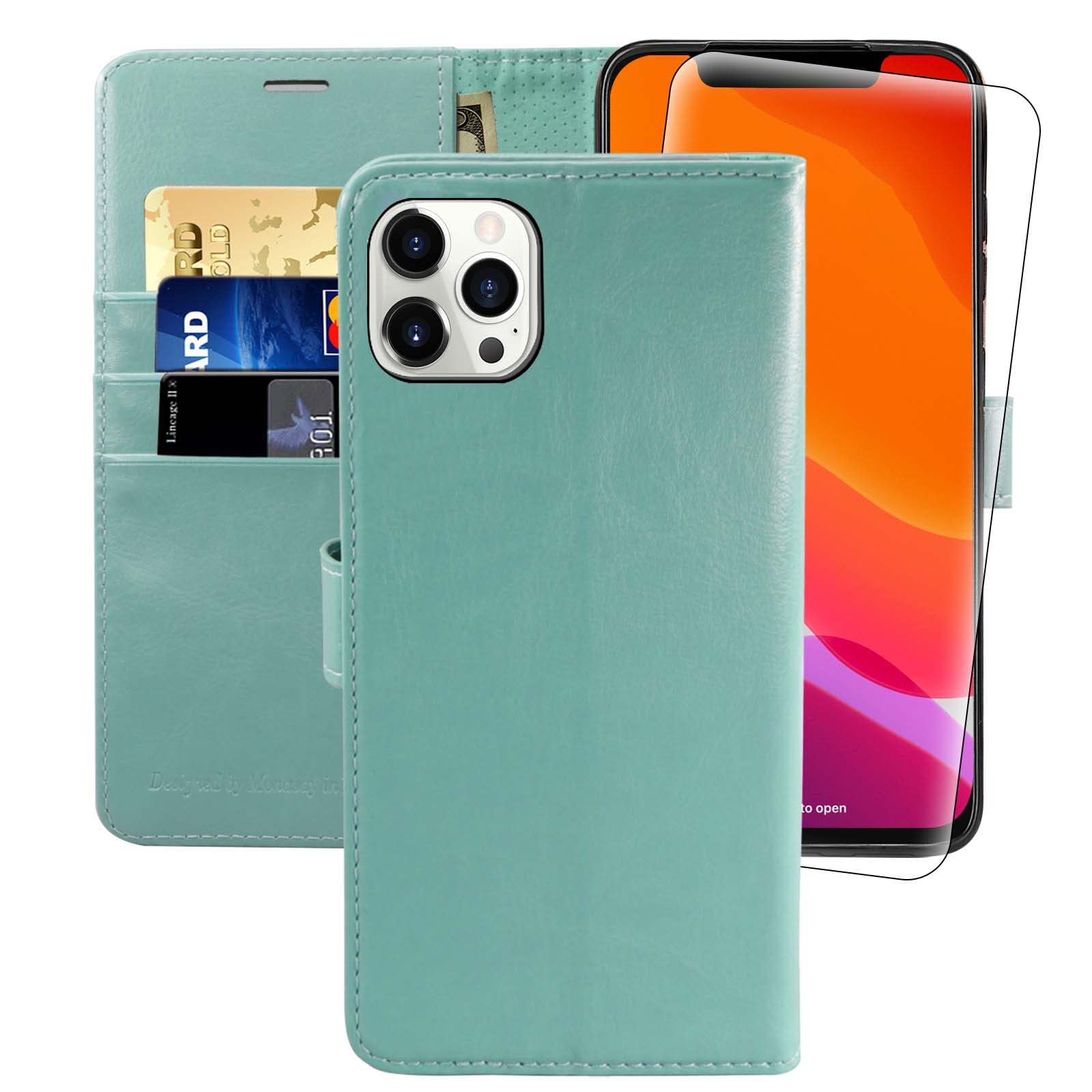 MONASAY Wallet Case for iPhone 13 Pro Max 5G,6.7-inch[Glass Screen Protector Included] [RFID Blocking] Flip Folio Leather Cell Phone Cover with Credit Card Holder,Mint