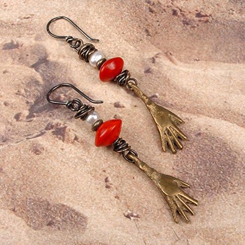 CHARMING HANDS - OOAK One Of A Kind - Vintage Cast Brass African Charm Earrings, Magnolia Prayer Beads, Pearls