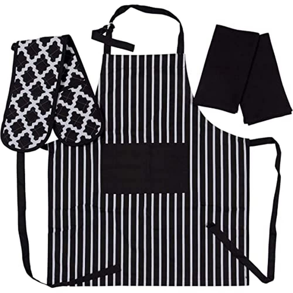 Penguin Home Apron, Double Oven Glove and 2 Kitchen Tea Towels Set -100% Soft, Durable, Heat Resistant & Super Absorbent, Cotton - Black/White, (70 X 90 8 X 90 45X 65 cm)