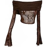 MakeMeChic Women's Off The Shoulder Top Ruched Lace Floral Bell Sleeve T Shirts Y2k Party Crop Tops